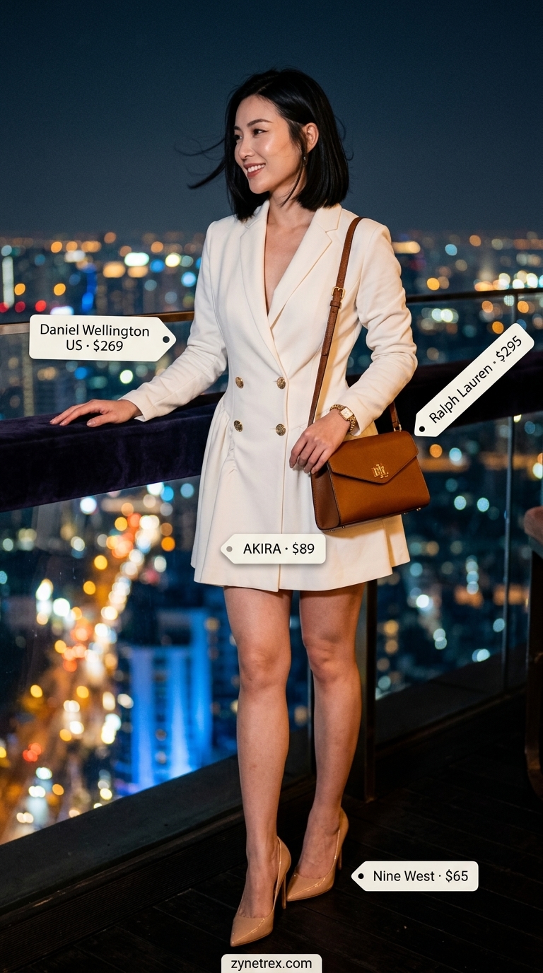 Cream blazer mini dress outfit for women 2026, perfect for networking events and upscale bars. Styled with nude pumps and gold accessories.