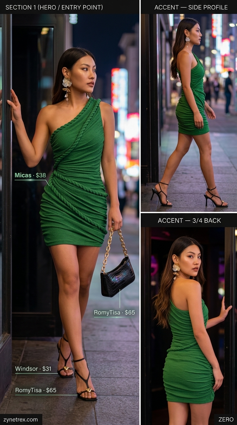 Sophisticated emerald green one-shoulder mini dress outfit for women 2026, perfect for club nights and fashion events. Styled with black heels.