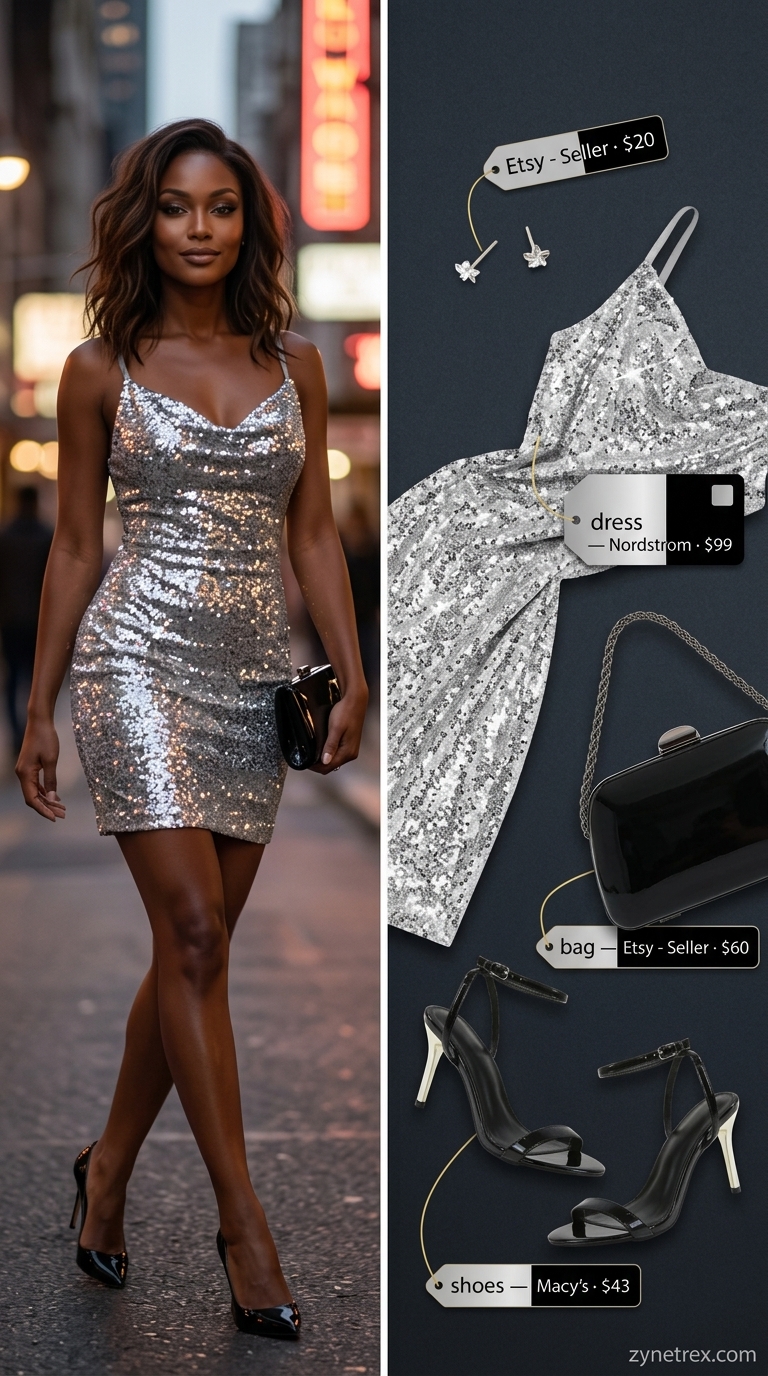 Glamorous silver sequin mini dress outfit for women 2026, perfect for club nights and parties. Styled with black stiletto sandals.