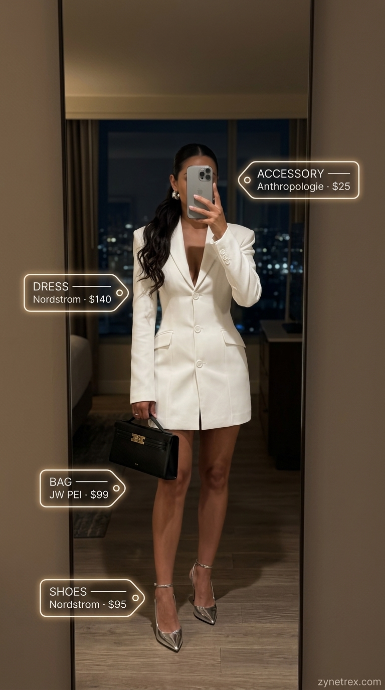 Sharp white blazer mini dress outfit for women 2026, perfect for business dinners and networking events. Styled with silver pumps.