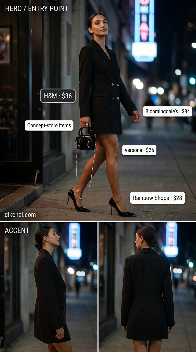 Black wool blend blazer mini dress outfit for women 2026, paired with silver chain bag and pumps for a cocktail party.