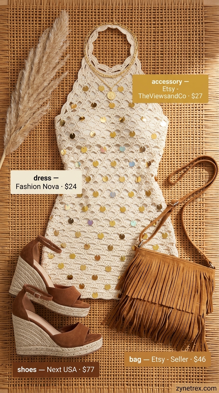 Cream crochet knit mini dress outfit for women 2026, with straw hat and espadrille wedges for a bohemian event.