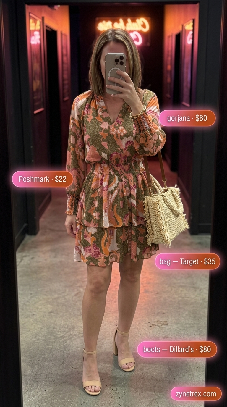 Floral print mini dress outfit for women 2026, with slingbacks and straw bag for a boho garden party.