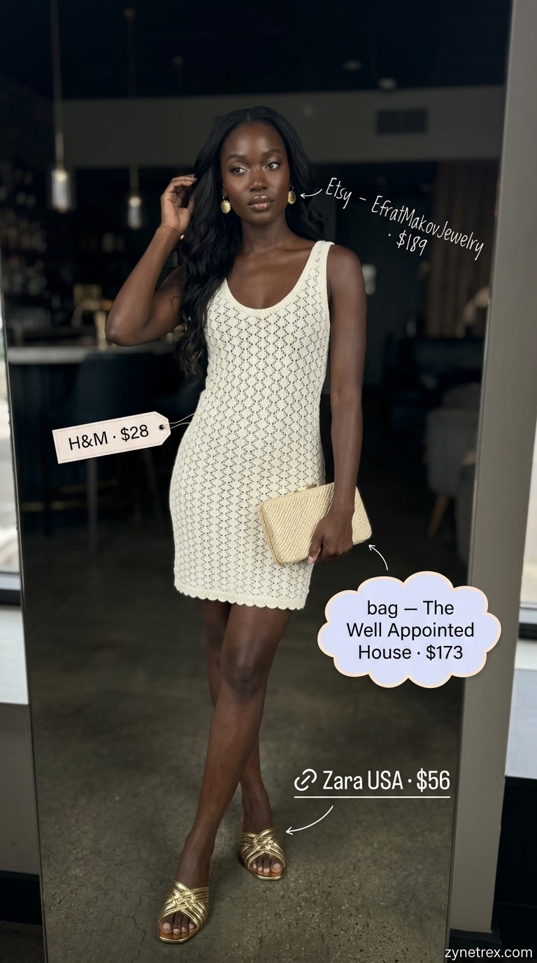 Cream crochet knit mini dress outfit for women 2026, with straw clutch and gold sandals for a relaxed glam look.