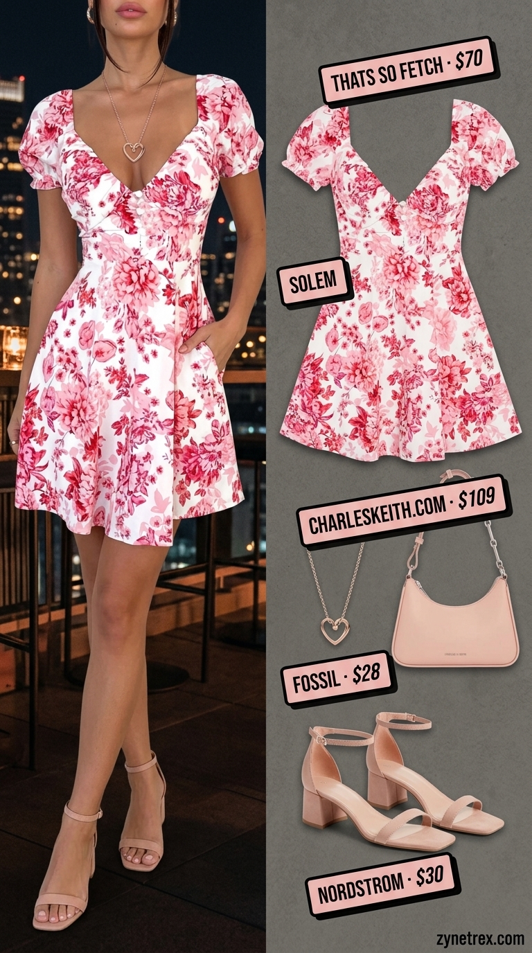 Pink and red floral mini dress outfit for women 2026, with nude sandals and rose gold jewelry for a date night.