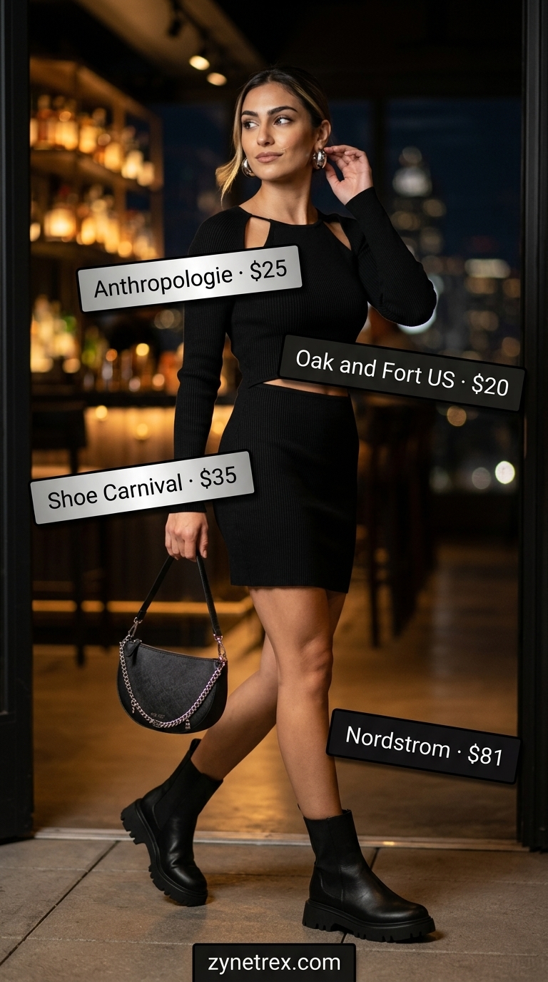 Black ribbed knit mini dress outfit for women 2026, with ankle boots and gunmetal bag for an edgy night out.