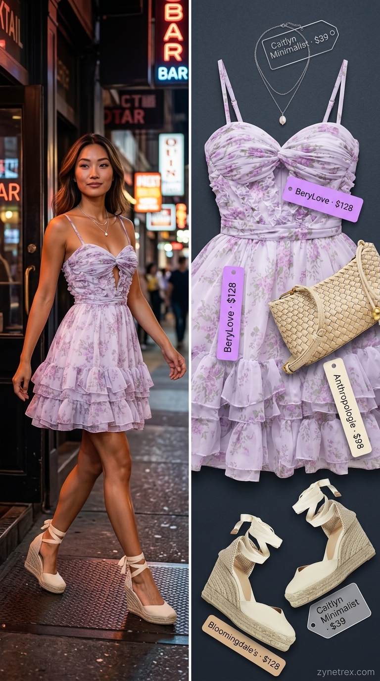 Lavender floral print mini dress outfit for women 2026, with espadrilles and layered necklaces for a garden party.