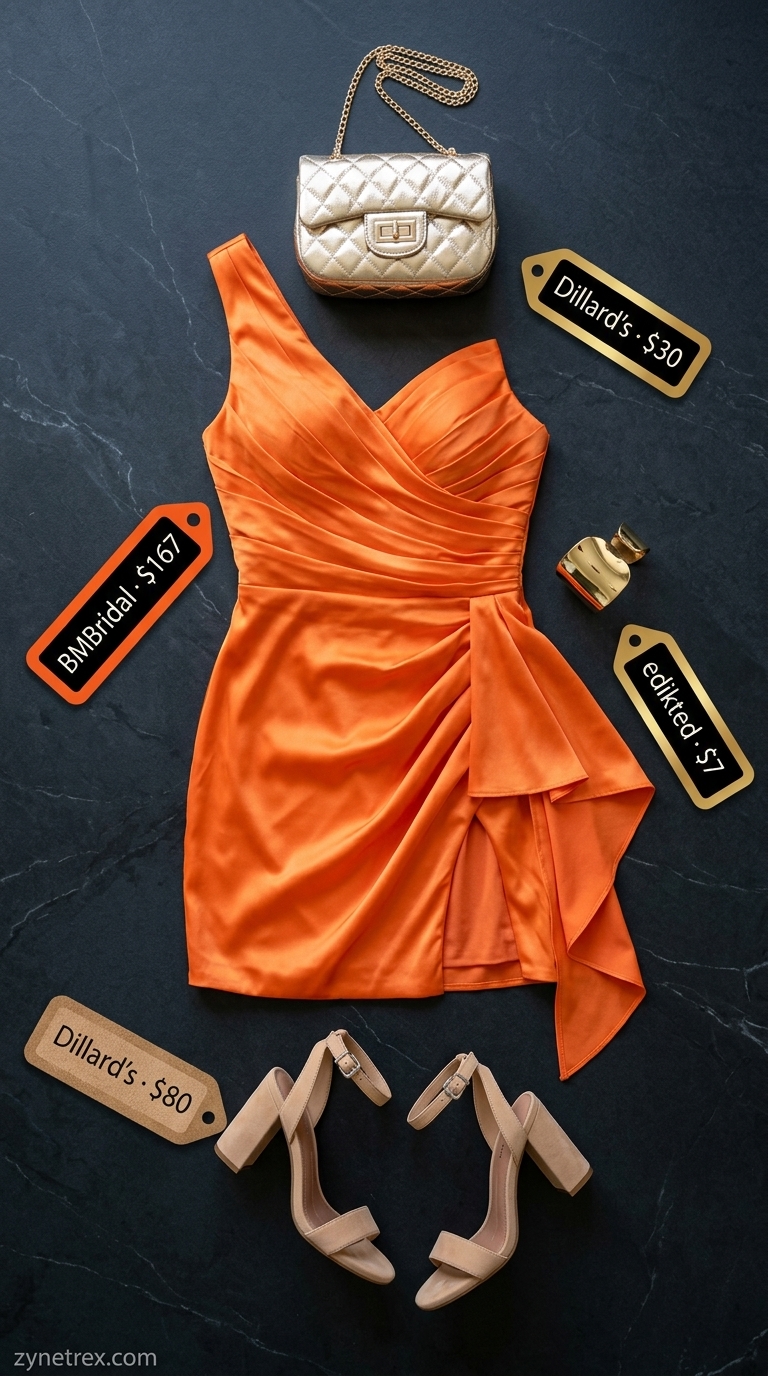 Bright orange one-shoulder mini dress outfit for women 2026, with gold accessories and tan sandals for a vibrant look.
