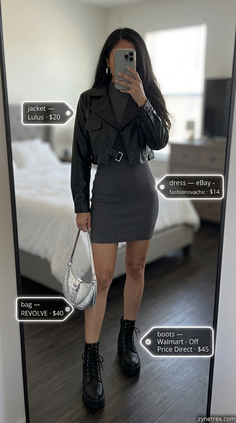Charcoal gray ribbed knit mini dress with biker jacket for summer night out outfits for women 2026.
