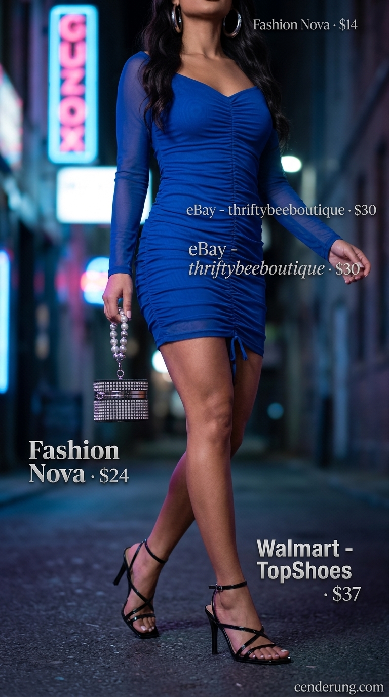 Cobalt blue ruched mesh mini dress with silver hoops for summer night out outfits for women 2026.