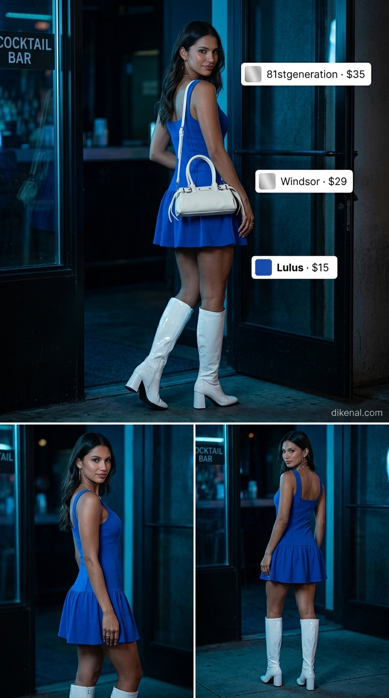 Cobalt blue A-line shift mini dress with white go-go boots for summer night out outfits for women 2026.