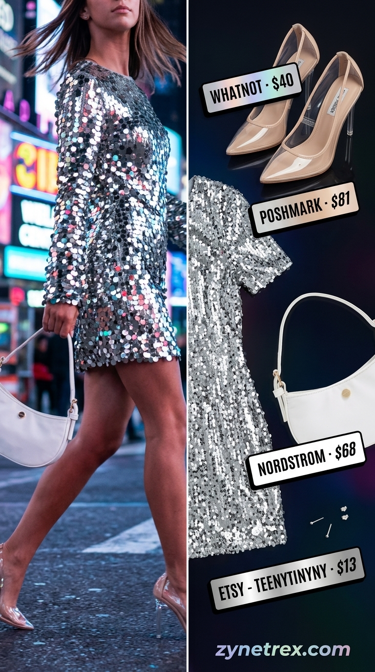 Iridescent silver sequin mini dress with mock neck for summer night out outfits for women 2026.