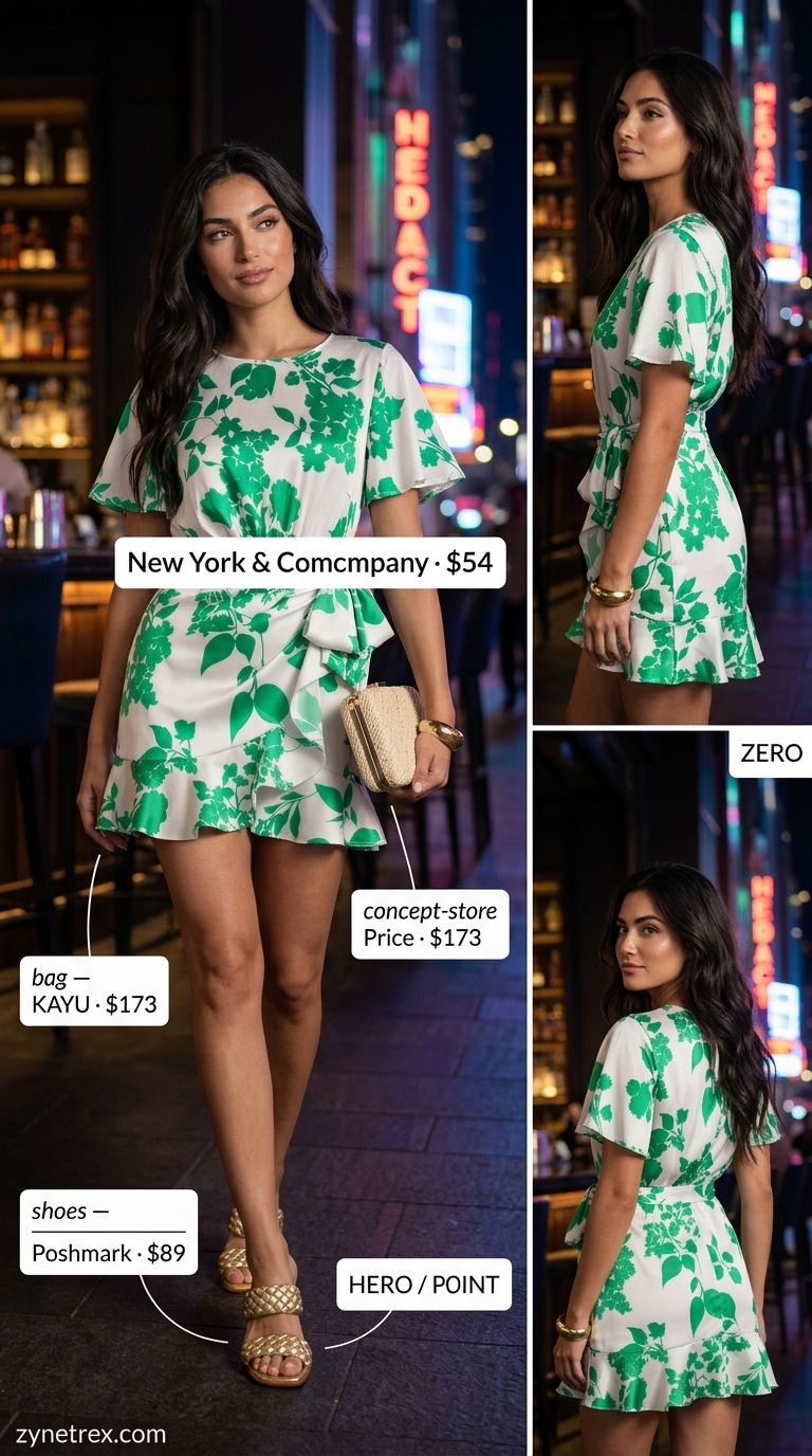 Emerald green tropical print wrap mini dress with gold accessories for summer night out outfits for women 2026.