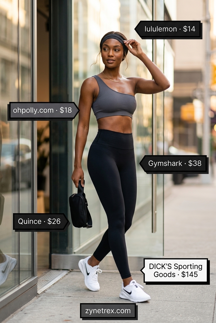Charcoal grey one shoulder sports bra top with black leggings for an athleisure outfit 2026.