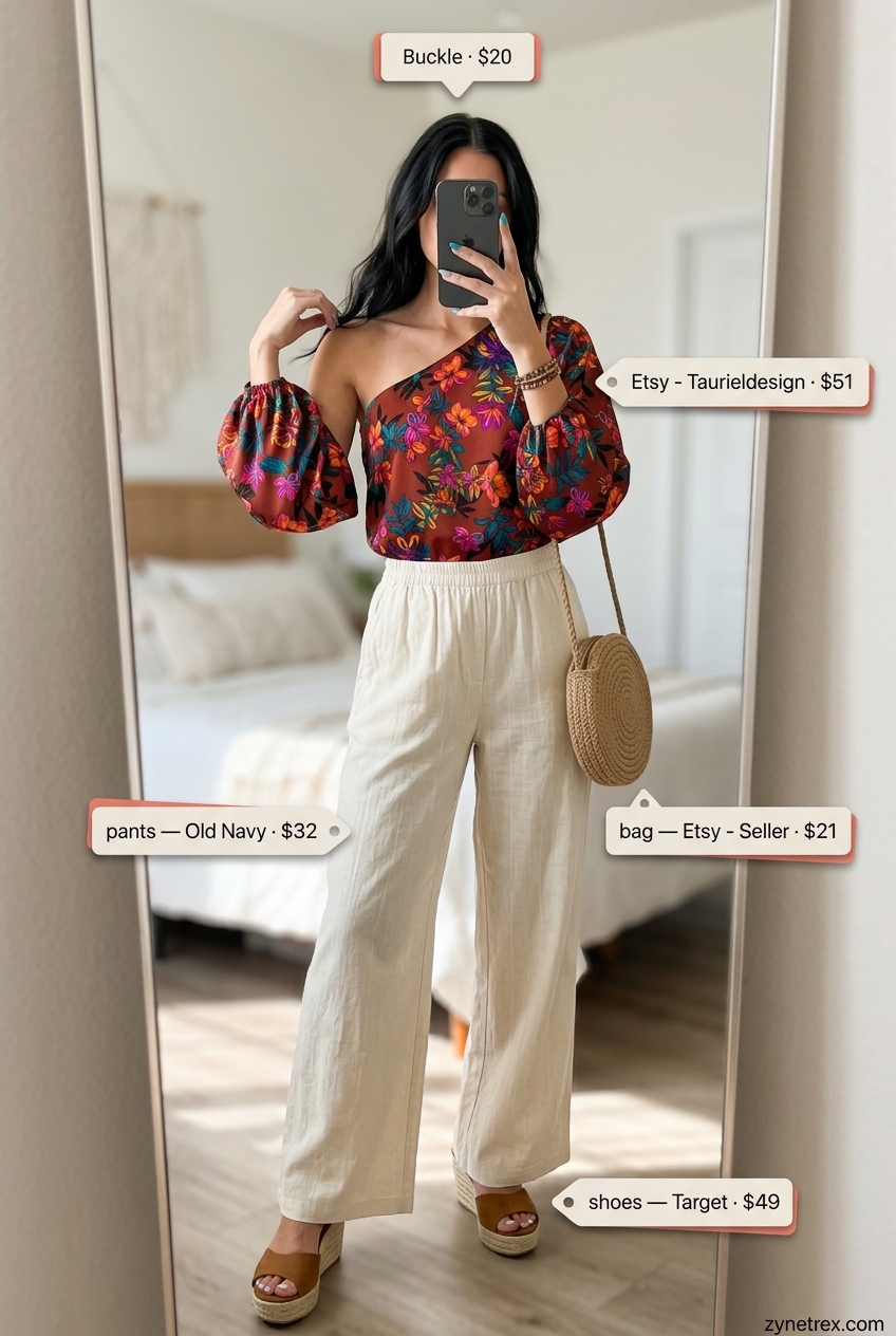 Boho floral one shoulder blouse with beige palazzo pants for a casual summer festival outfit 2026.