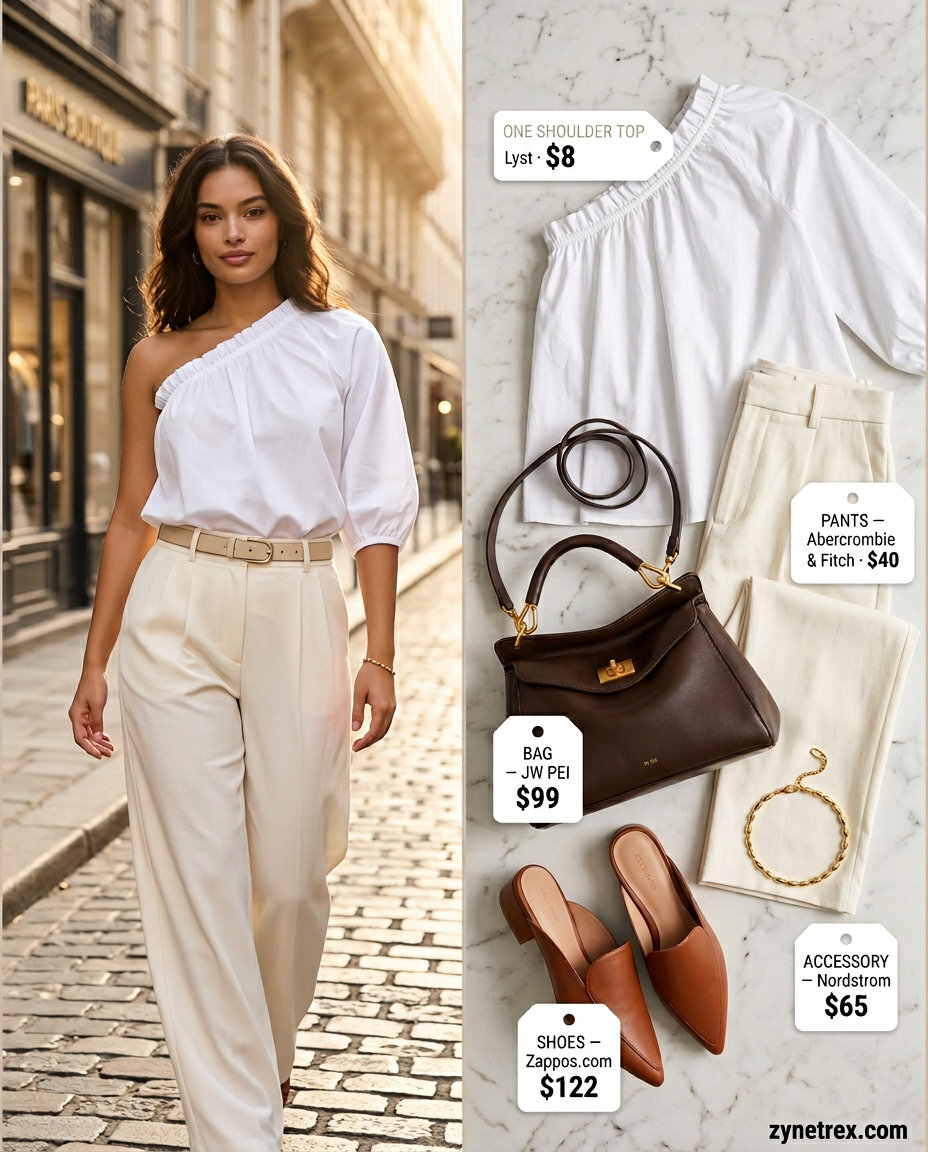 White structured one shoulder poplin top with beige wide-leg trousers for a city chic outfit 2026.
