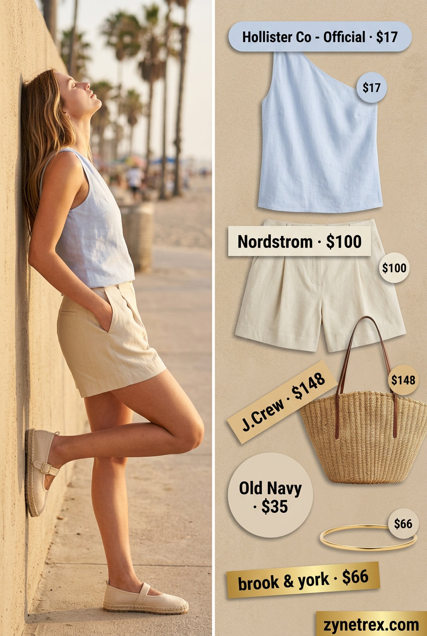 Sky blue one shoulder knit top with beige shorts for a casual summer beach outfit 2026.