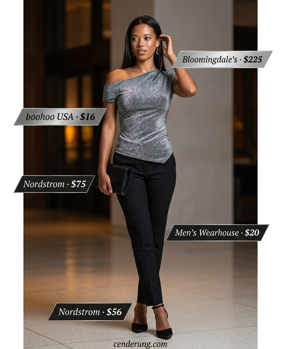 Silver one shoulder metallic top with black trousers for a glamorous evening party outfit 2026.