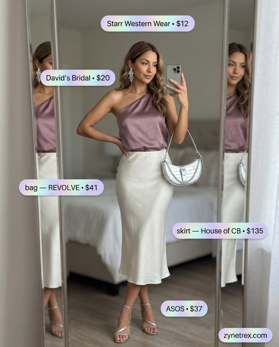 Blush pink one shoulder camisole with ivory satin midi skirt for a romantic evening outfit 2026.