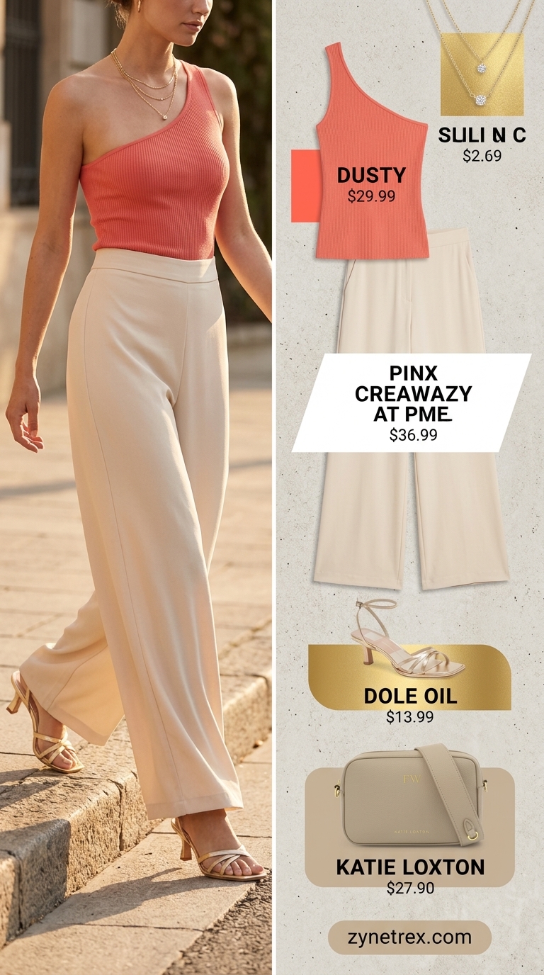 Coral one shoulder top with white palazzo pants for a chic summer date night outfit 2026.