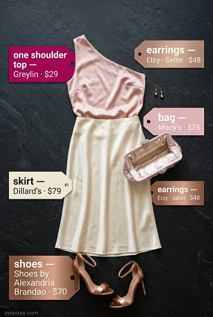 Romantic blush pink summer one shoulder satin top 2026 with ivory skirt and rose gold heels.