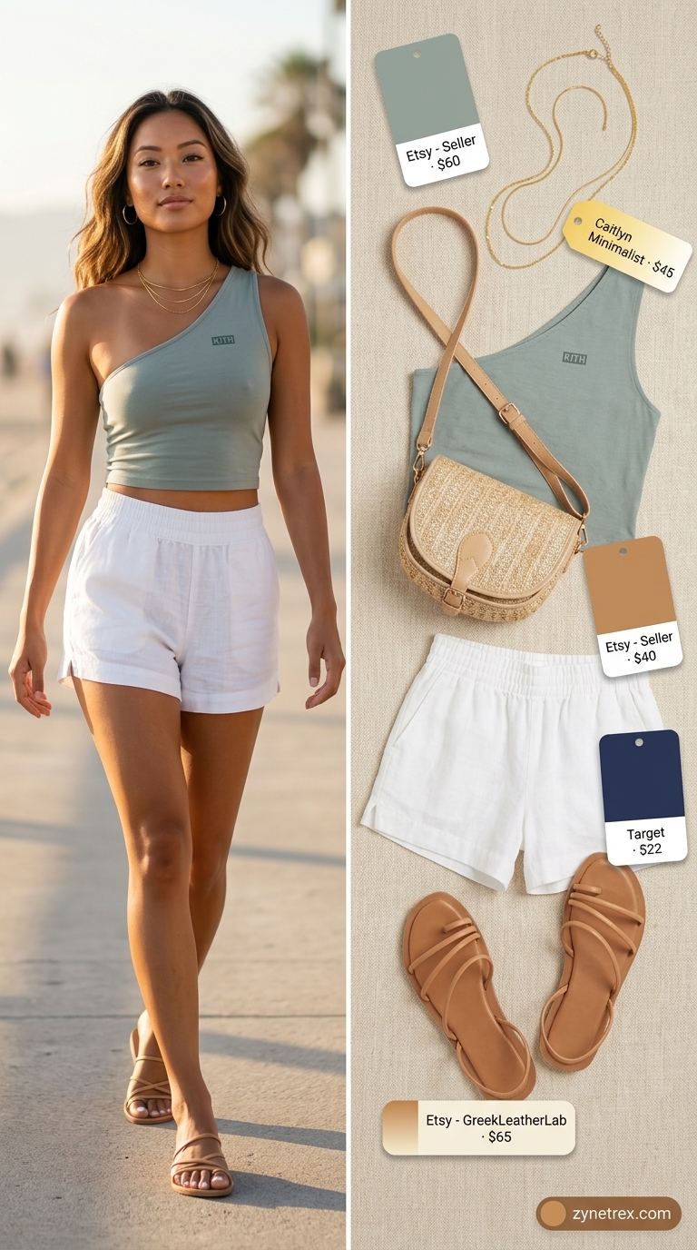 Coastal breeze one shoulder outfits for women 2026: Seafoam green tank, white linen shorts, straw bag.