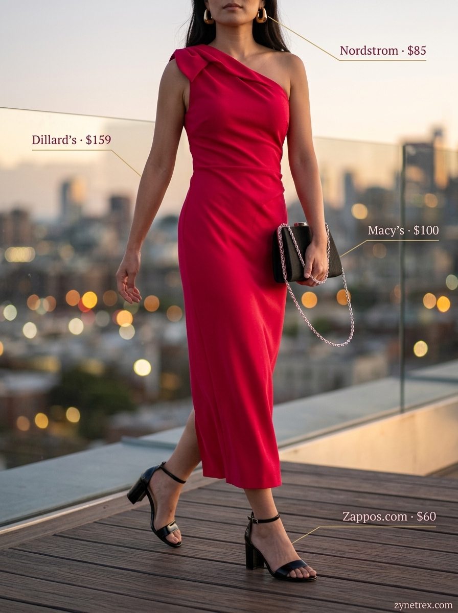 Coral orange summer one shoulder dress 2026 for date night or cocktail party with black heels.
