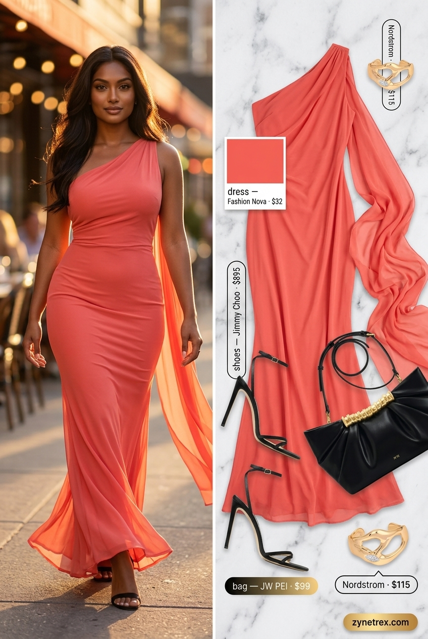 Glamorous coral summer one shoulder maxi dress 2026 for evening events with black heels.