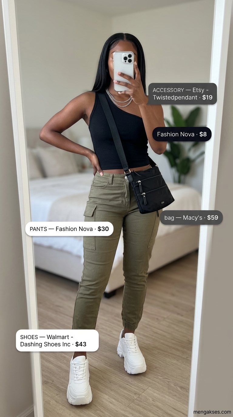 Edgy black summer one shoulder top 2026 with olive cargo pants and platform sneakers.