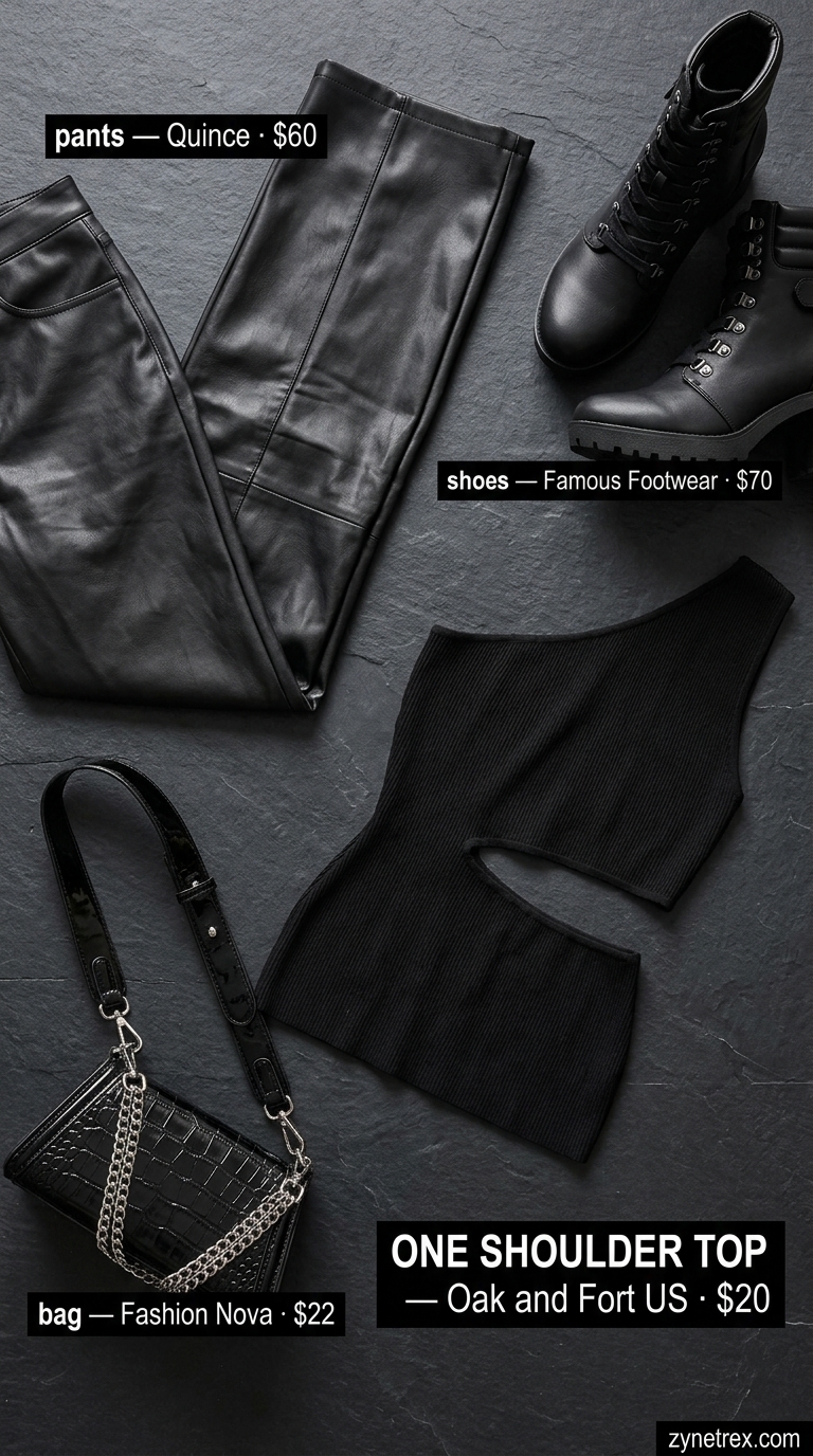 Edgy evening one shoulder outfits for women 2026: Black cut-out top, faux leather pants, combat boots.