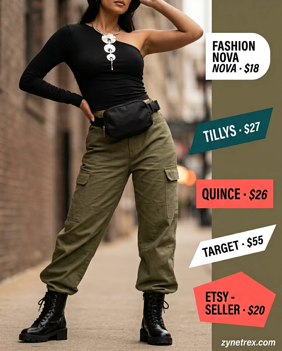 Edgy olive green summer one shoulder top 2026 with cargo pants and combat boots.