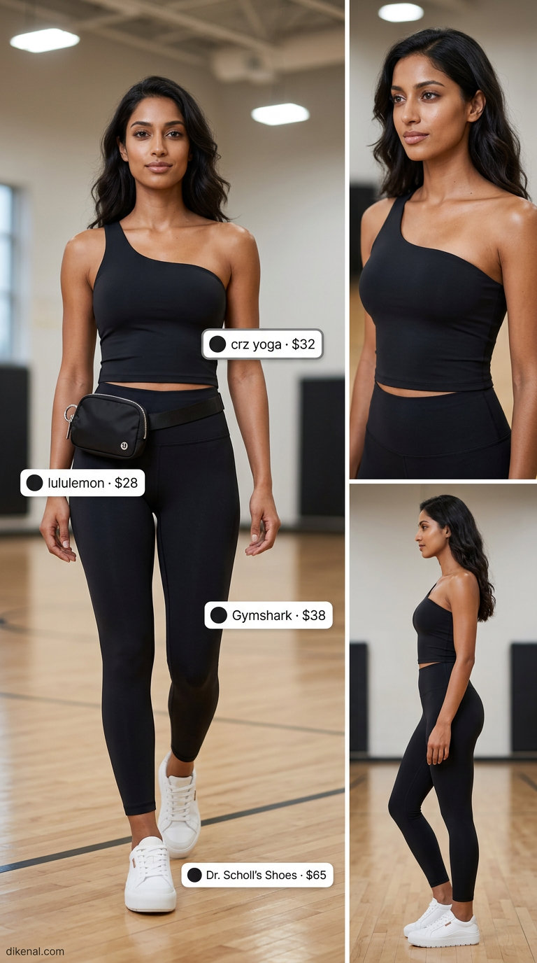 Elevated athleisure one shoulder outfits for women 2026: Black activewear top, grey cap, white sneakers.