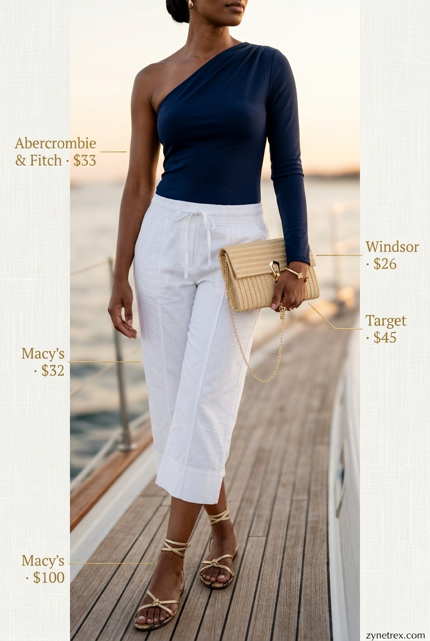 Evening cruise one shoulder outfits for women 2026: Navy knit top, white capris, gold sandals.