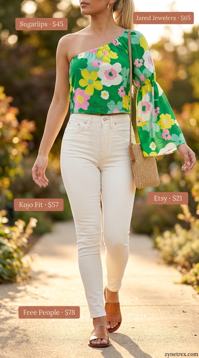 Floral summer one shoulder outfits for women 2026: Blouse, white jeans, tan sandals, straw bag.