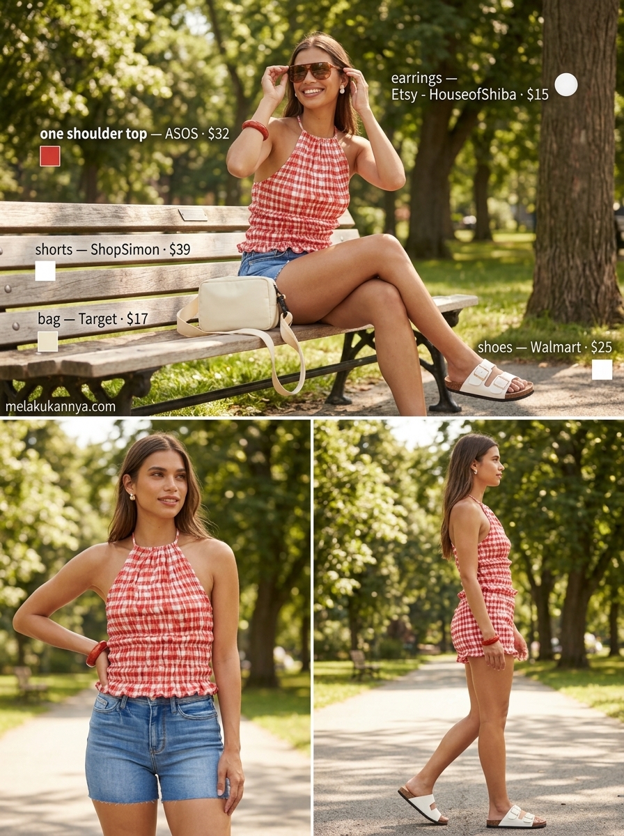 Playful red gingham summer one shoulder top 2026 with denim shorts and flat sandals.