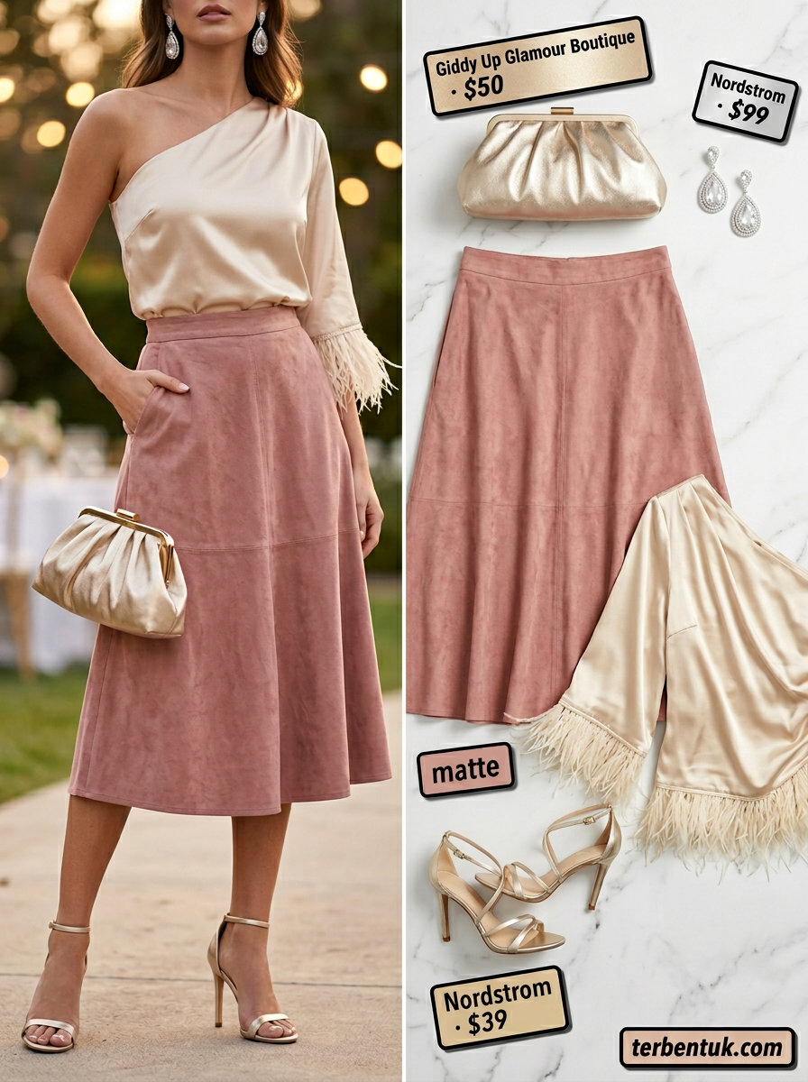 Golden hour glow one shoulder outfits for women 2026: Champagne satin top, dusty rose skirt, gold heels.