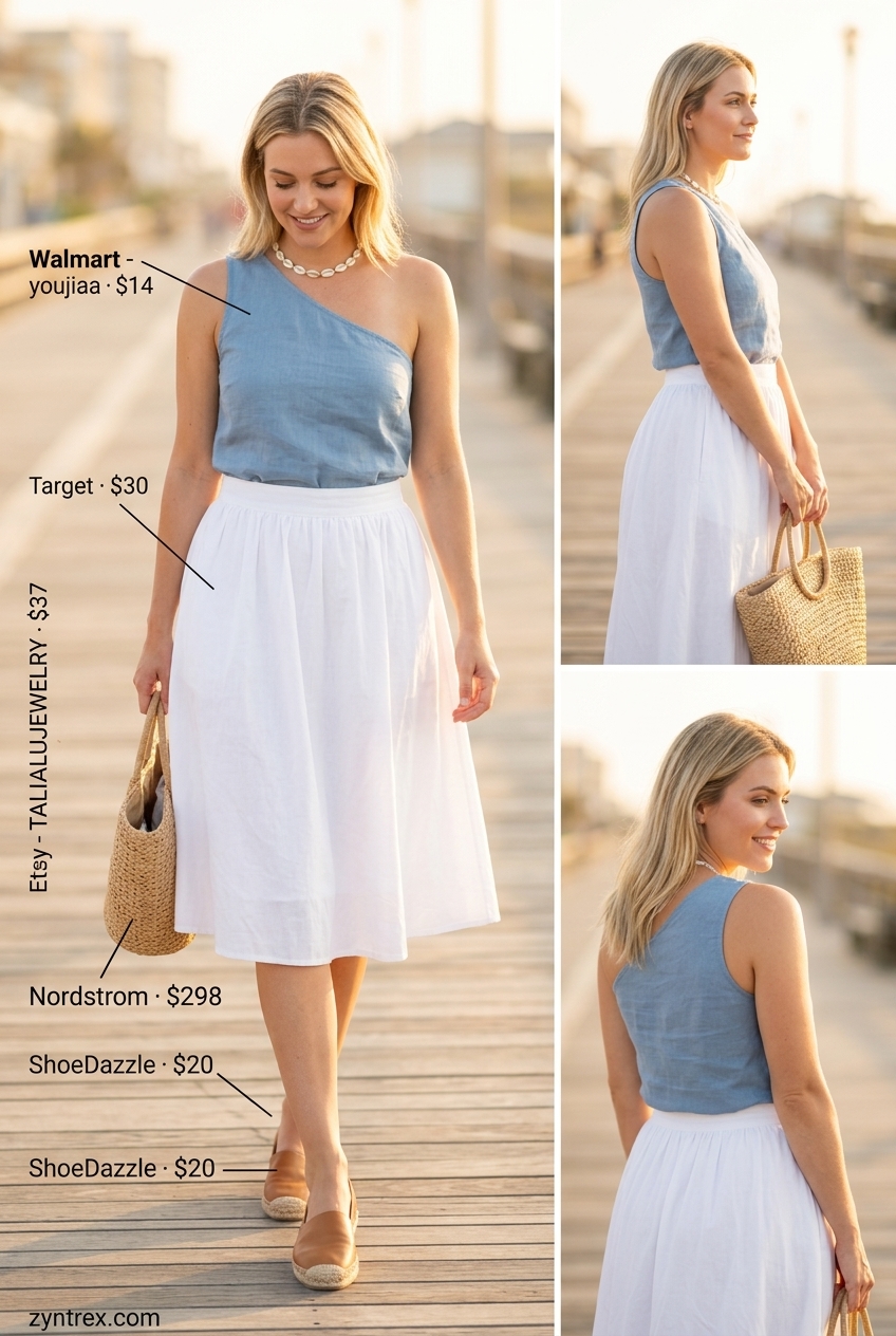 Mediterranean dream one shoulder outfits for women 2026: Sky blue linen top, white midi skirt, espadrilles.