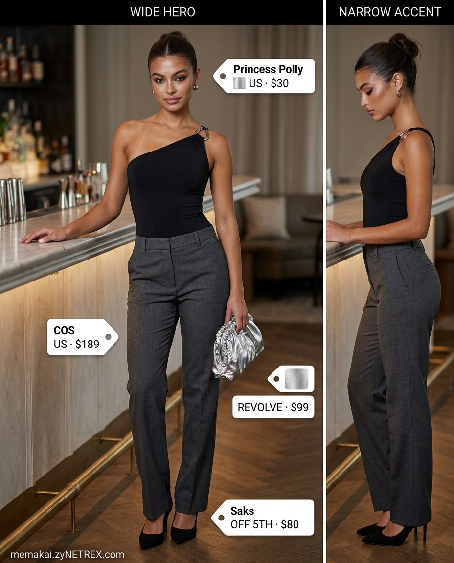 Minimalist black summer one shoulder bodysuit 2026 with cream trousers and silver heels.