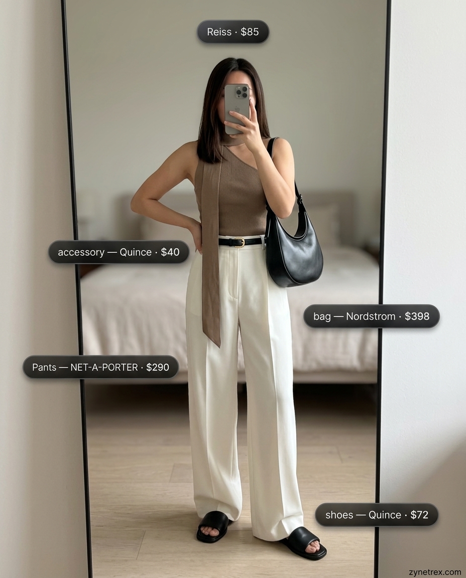 Modern minimalist one shoulder outfits for women 2026: Taupe knit top, ivory trousers, black slides.