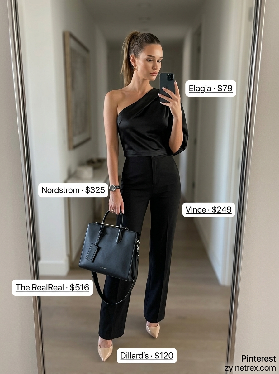 Modern workwear one shoulder outfits for women 2026: Black blouse, cream trousers, nude pumps.