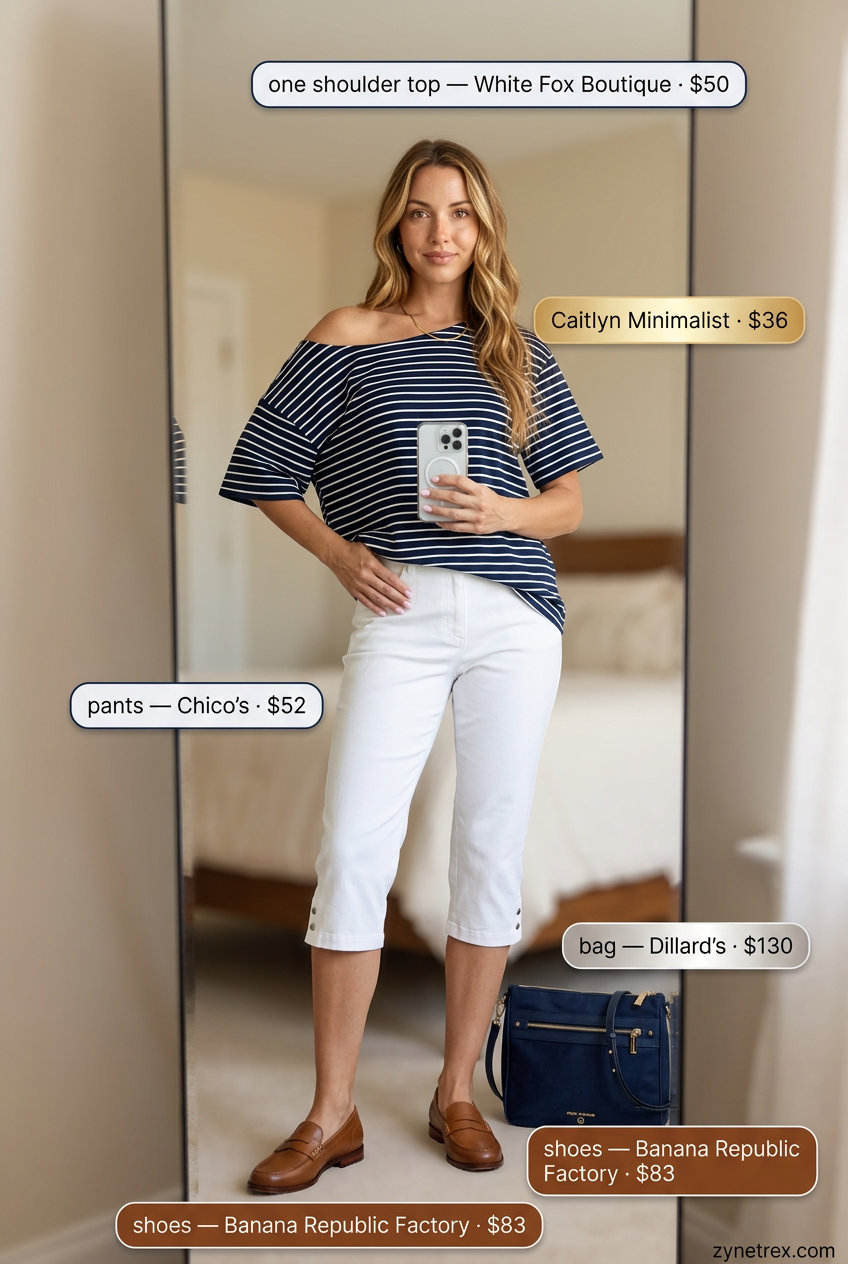 Nautical summer one shoulder outfits for women 2026: Navy stripe top, white capris, tan loafers, crossbody bag.