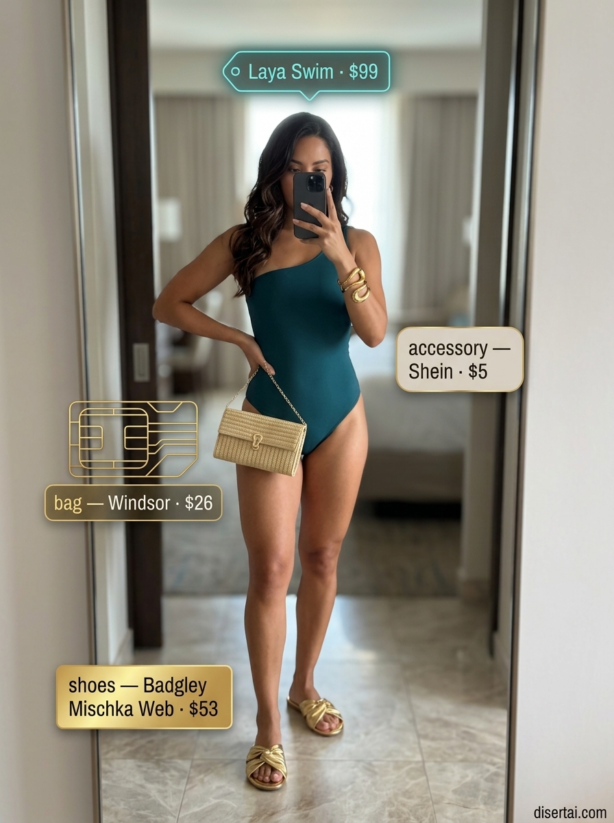 Poolside glam one shoulder outfits for women 2026: Emerald green swimsuit, white linen pants, gold sandals.