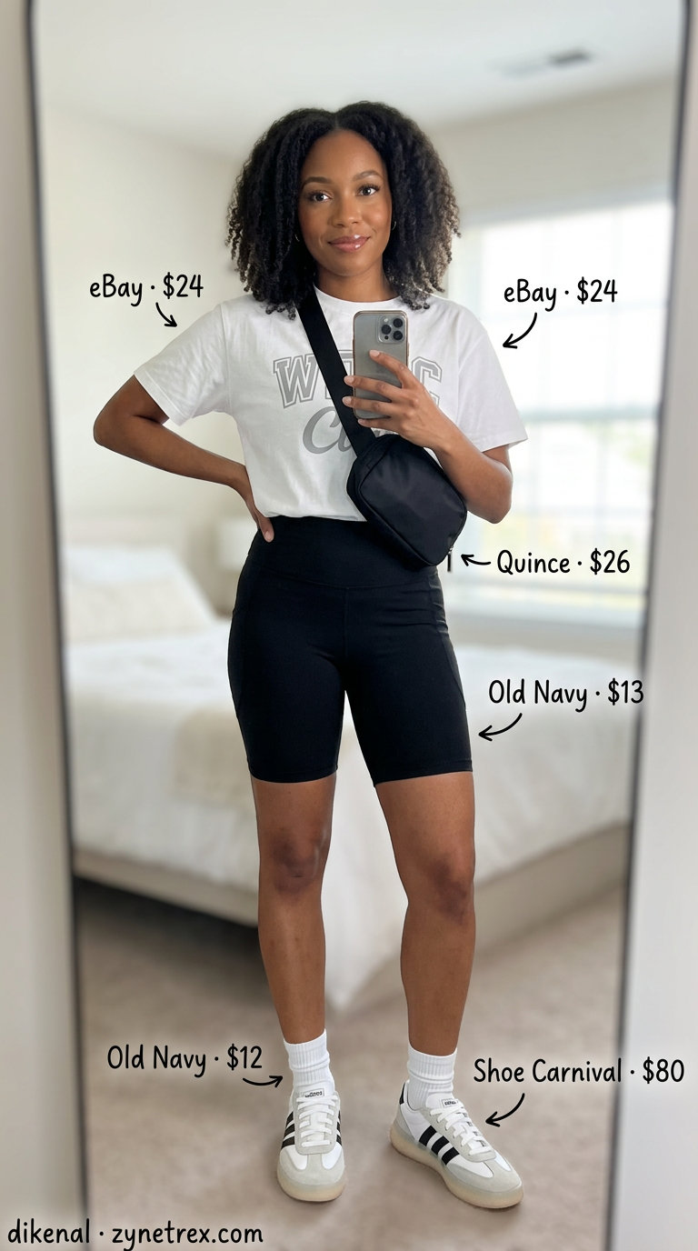 Summer Scoop Neck outfits for women 2026: Biker shorts, graphic tee, dad sneakers, belt bag for athleisure.