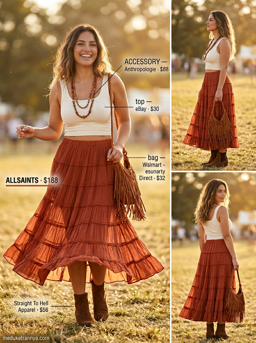 Bohemian summer Scoop Neck outfits for women 2026: Terracotta tiered midi skirt, cream scoop neck tank, brown ankle boots & fringe bag.