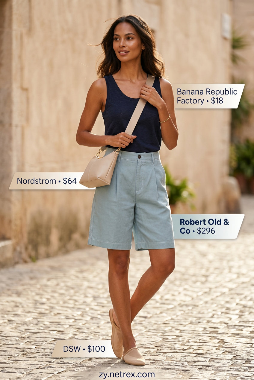 City Explorer Shorts Set summer Scoop Neck outfit for women 2026: light blue shorts, matching tank, nude mules.