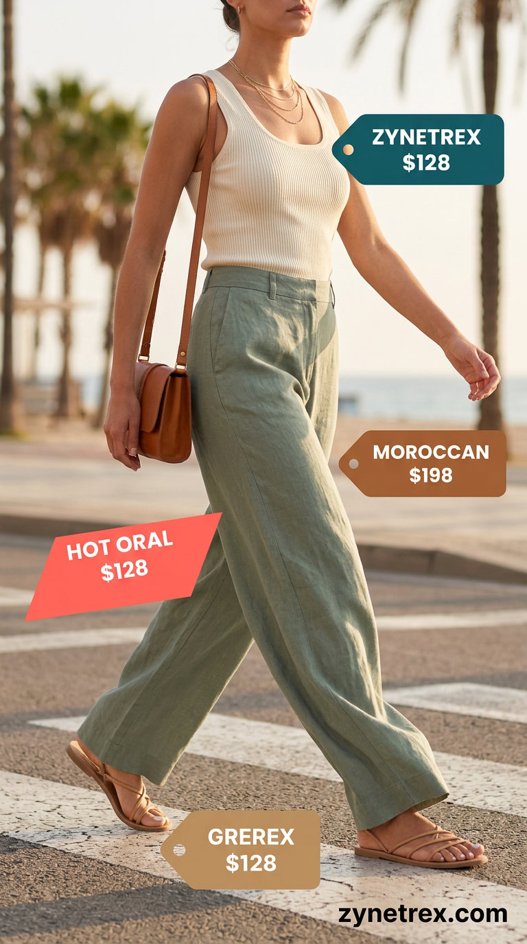 Summer Scoop Neck outfits for women 2026: Sage green linen pants, ivory tank top, leather sandals, crossbody bag, layered necklaces.