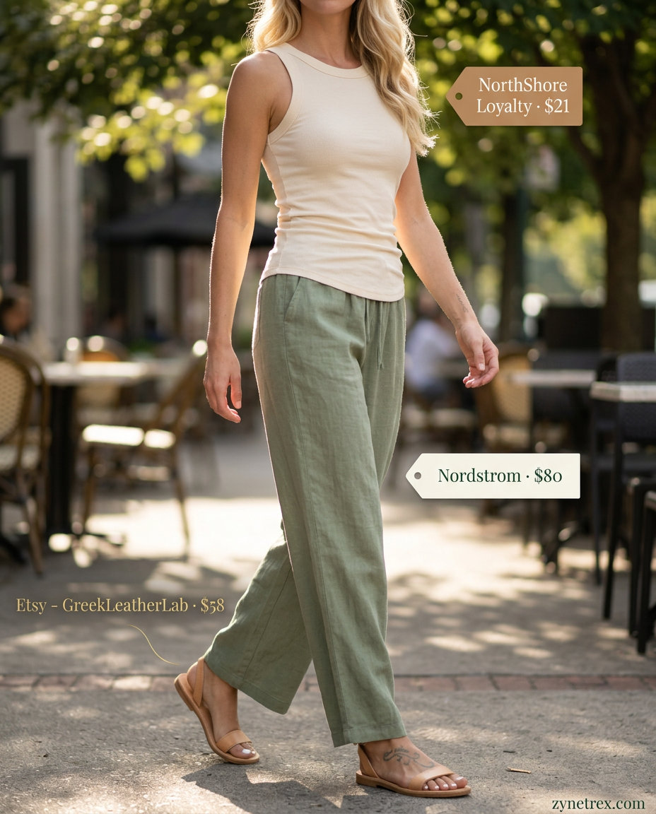 Coastal Breeze Scoopneck summer Scoop Neck outfit for women 2026: sage green linen pants, cream tank, tan sandals.