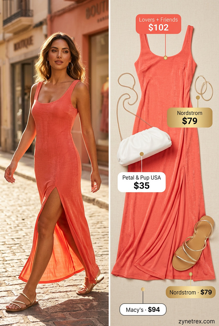 Elegant summer Scoop Neck outfits for women 2026: Coral maxi dress, gold slides, raffia clutch & hoop earrings.
