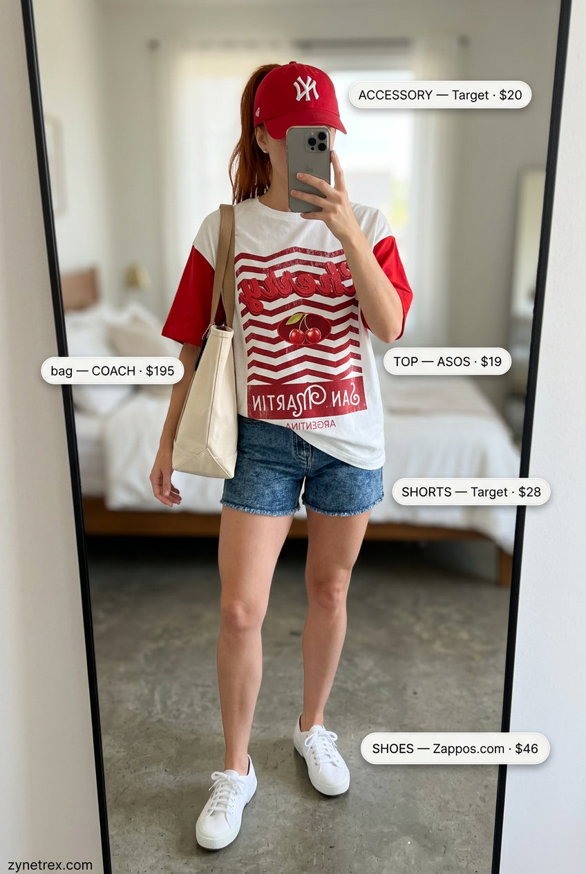 Casual summer Scoop Neck outfits for women 2026: White graphic scoop neck tee, denim shorts, red cap & canvas tote bag.