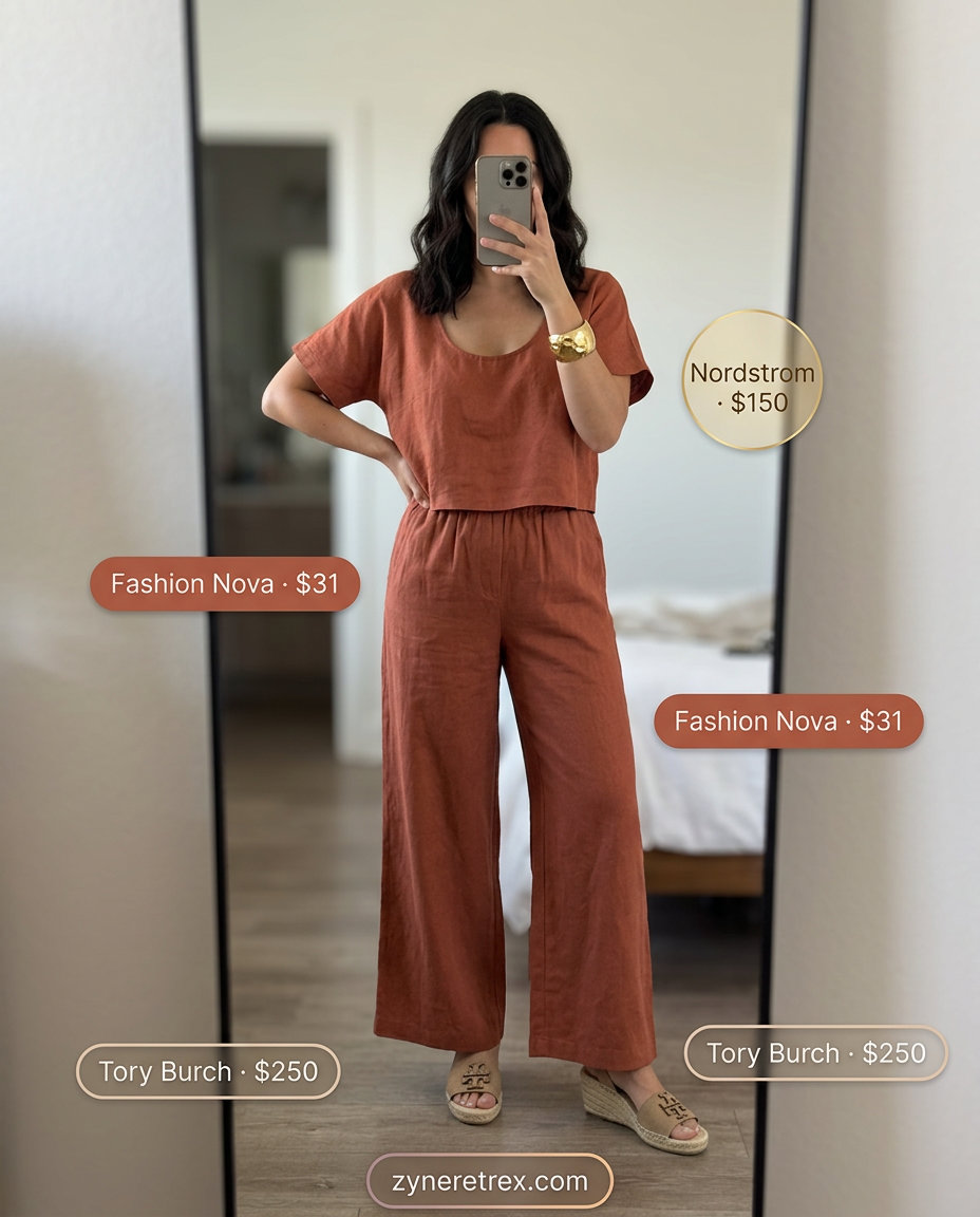 Effortless Linen Set summer Scoop Neck outfit for women 2026: terracotta crop top, wide-leg pants, espadrilles.